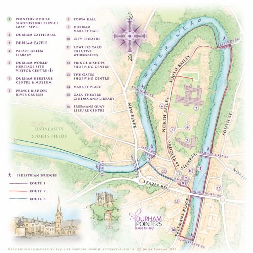 Durham cathedral, market place, river wear, cartography, traditional, hand drawn, tourist map, recre