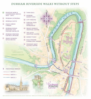 Catedral de Durham, mercado, desgaste del río, cartografía, tradicional, dibujado a mano, mapa turístico, recreación