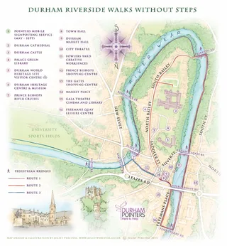 Durham cathedral, market place, river wear, cartography, traditional, hand drawn, tourist map, recre