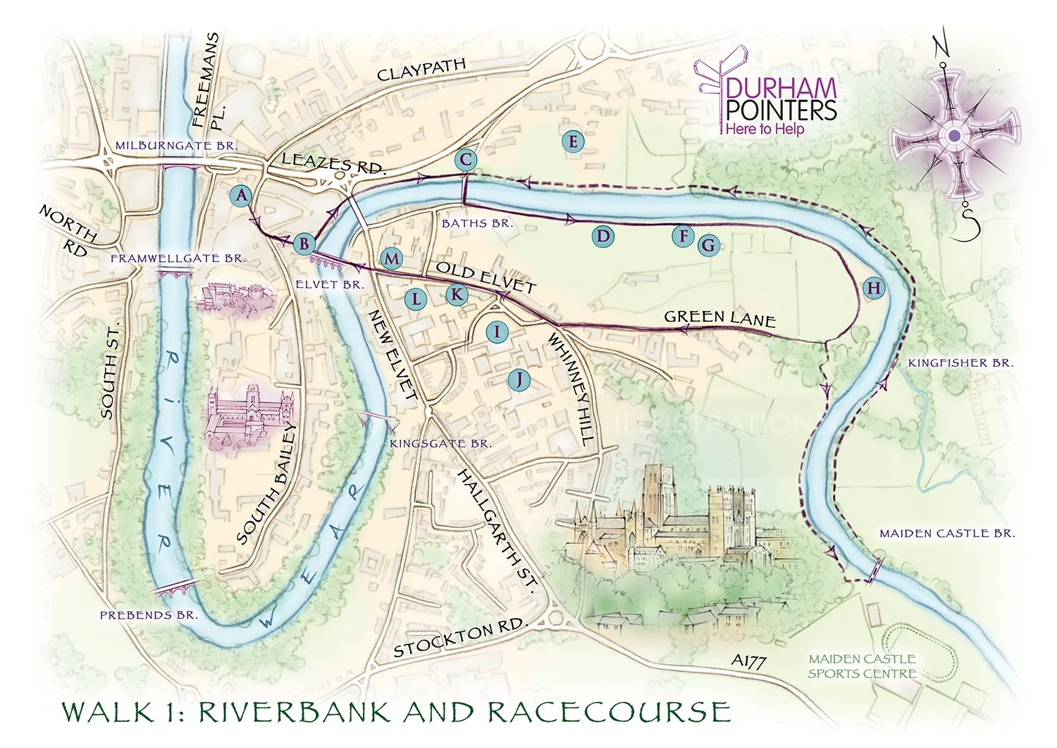 Durham cathedral, market place, river wear, Elvet, cartography, traditional, hand drawn, tourist map