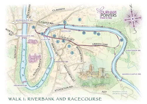 Durham cathedral, market place, river wear, Elvet, cartography, traditional, hand drawn, tourist map