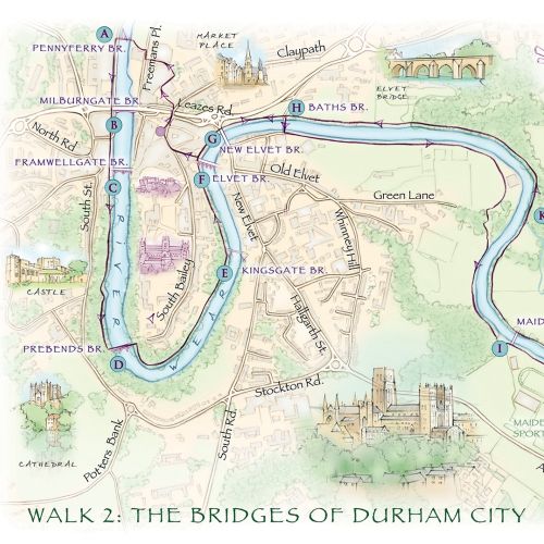 Durham cathedral, market place, river wear, Elvet, cartography, traditional, hand drawn, tourist map