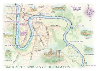 Catedral de Durham, mercado, desgaste do rio, Elvet, cartografia, tradicional, desenhado à mão, mapa turístico