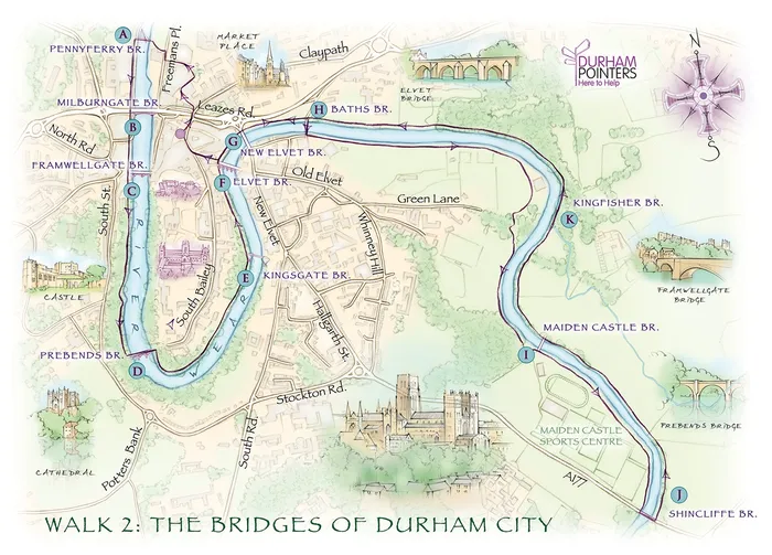 Durham cathedral, market place, river wear, Elvet, cartography, traditional, hand drawn, tourist map