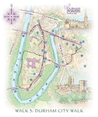 Catedral de Durham, mercado, desgaste del río, cartografía, tradicional, dibujado a mano, mapa turístico, recreación