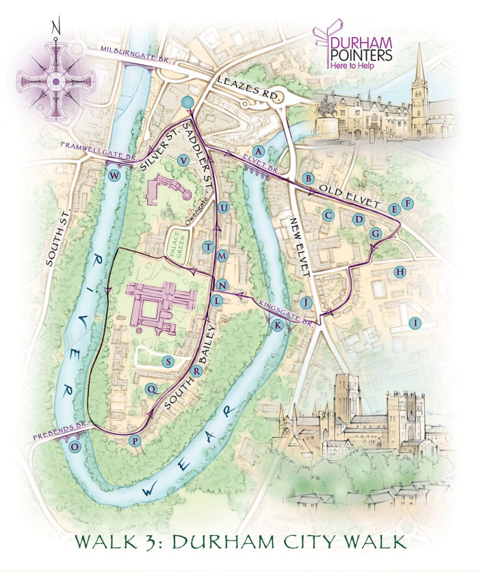 Durham cathedral, market place, river wear, cartography, traditional, hand drawn, tourist map, recre