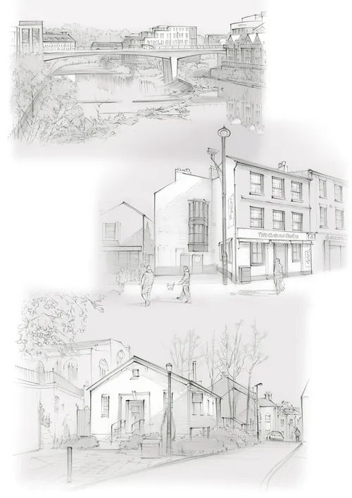 history, pencil sketch, traditional, Framwelgate Bridge, River Wear