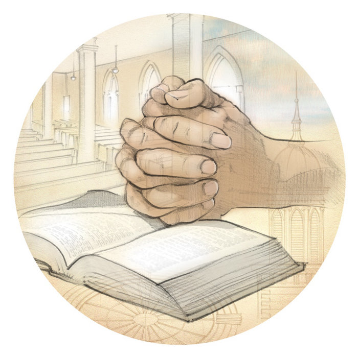 Graphique éditorial du magazine New Era sur la prière et l&#39;étude biblique