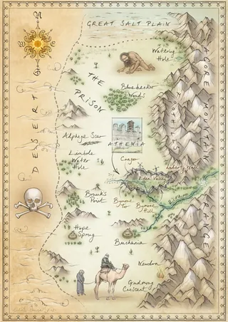 Fantasy map showing mountains, plains, and various landmarks