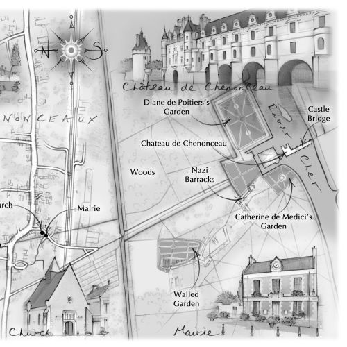 Greyscale map of Chenonceau castle, gardens, bridge, and nearby town