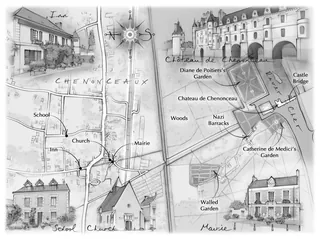 Greyscale map of Chenonceau castle, gardens, bridge, and nearby town