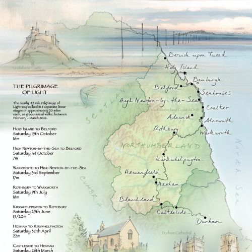 Illustrated map of the Pilgrimage of Light walking route in Northumbria