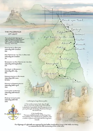 Illustrated map of the Pilgrimage of Light walking route in Northumbria