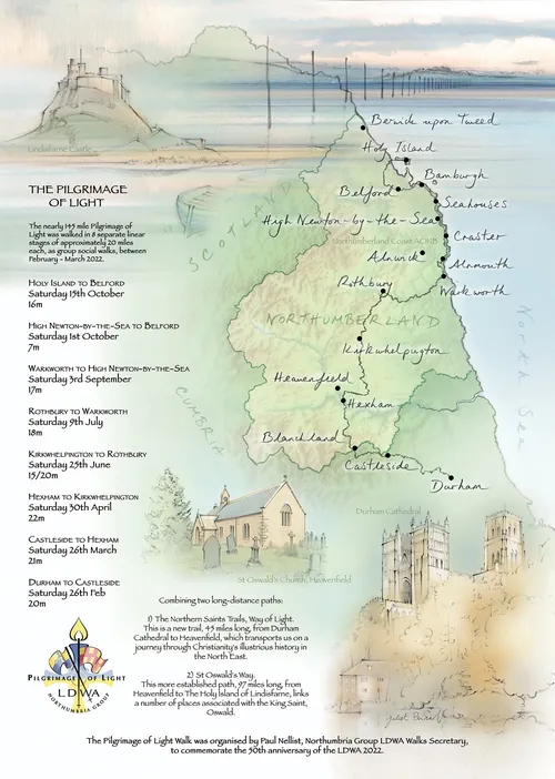 Illustrated map of the Pilgrimage of Light walking route in Northumbria