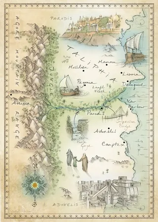 Hand-drawn fantasy map with mountains, ships, towns, and compass rose