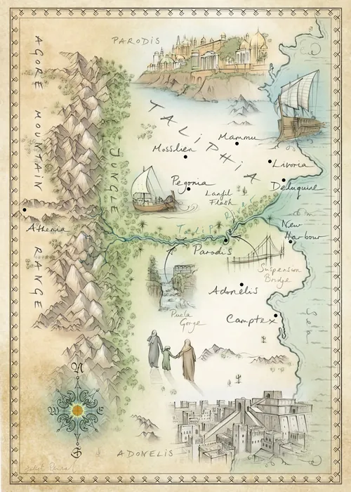 Hand-drawn fantasy map with mountains, ships, towns, and compass rose
