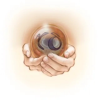 Hands gently holding a translucent sphere with abstract shapes inside