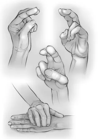 Black and white illustration showing hands demonstrating tapping techniques