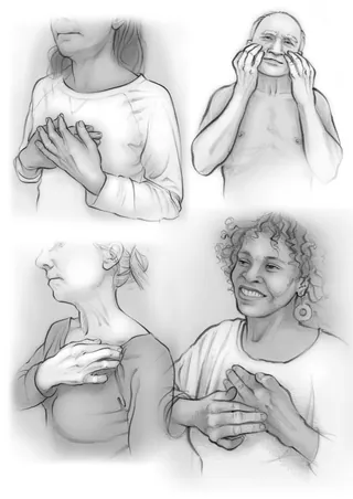 Four grayscale sketches of people tapping or holding their chest and face