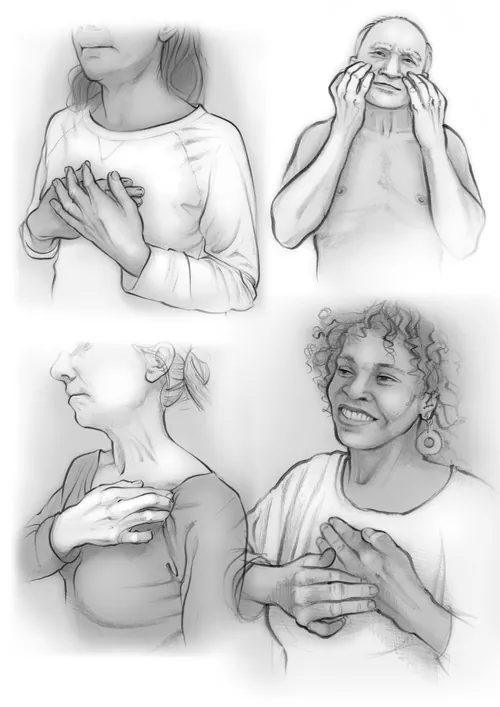Four grayscale sketches of people tapping or holding their chest and face