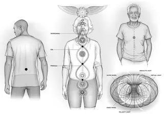 Black and white diagram of human subtle body energy centers and a torus field