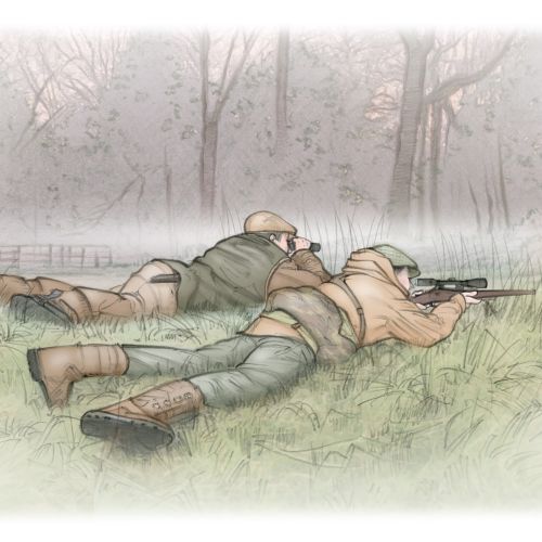 Two hunters lying in grass aiming rifles in foggy forest