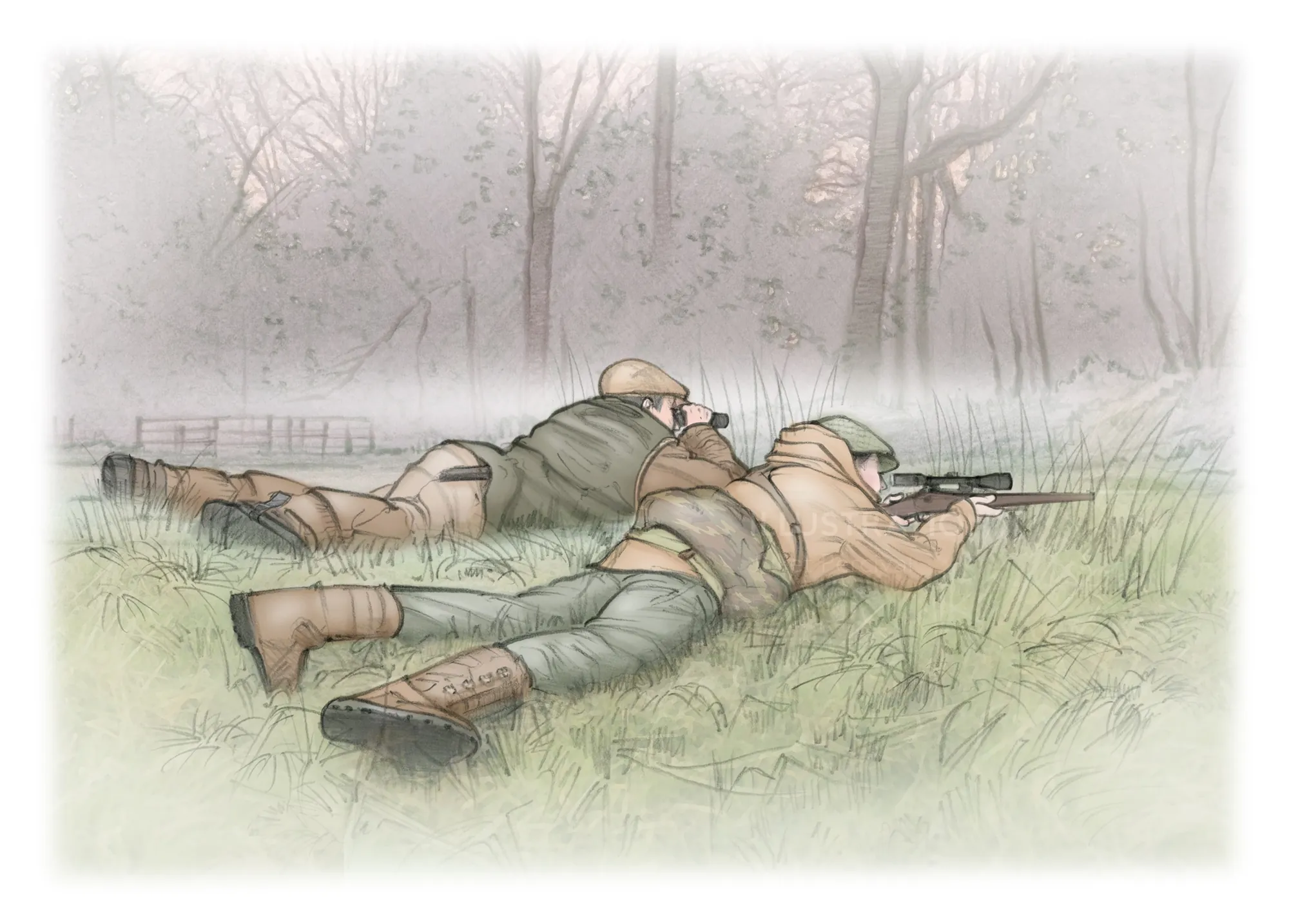 Two hunters lying in grass aiming rifles in foggy forest