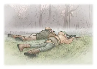 Two hunters lying in grass aiming rifles in foggy forest