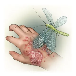 Illustration of lichen planus skin rash on hand with green insect