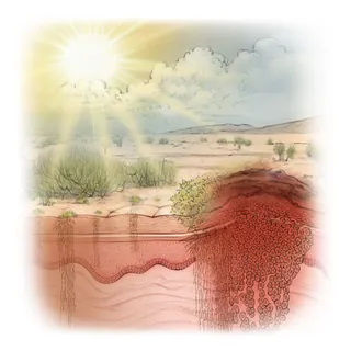 Illustration of melanoma skin cancer under sun exposure in desert landscape