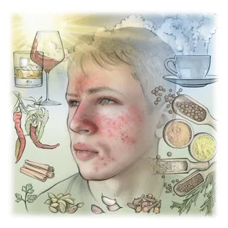 Illustration of rosacea symptoms on face with related spices and drinks