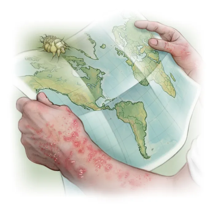 Hands with scabies rash holding a world map with mite illustration