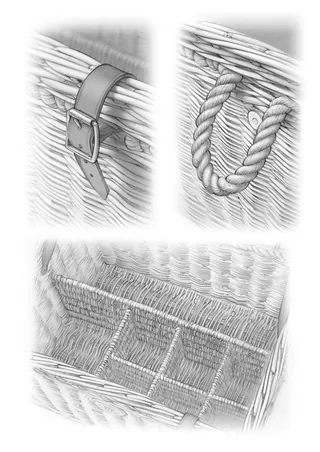 Pencil sketches of willow coffin details including buckle, rope handle, and interior weaving