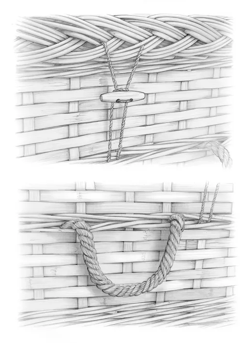 Detailed pencil drawing of bamboo basket weaving by Juliet Percival