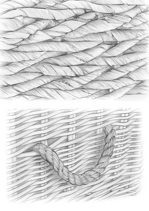 Pencil illustration of woven banana leaf and willow basket handle by Juliet Percival