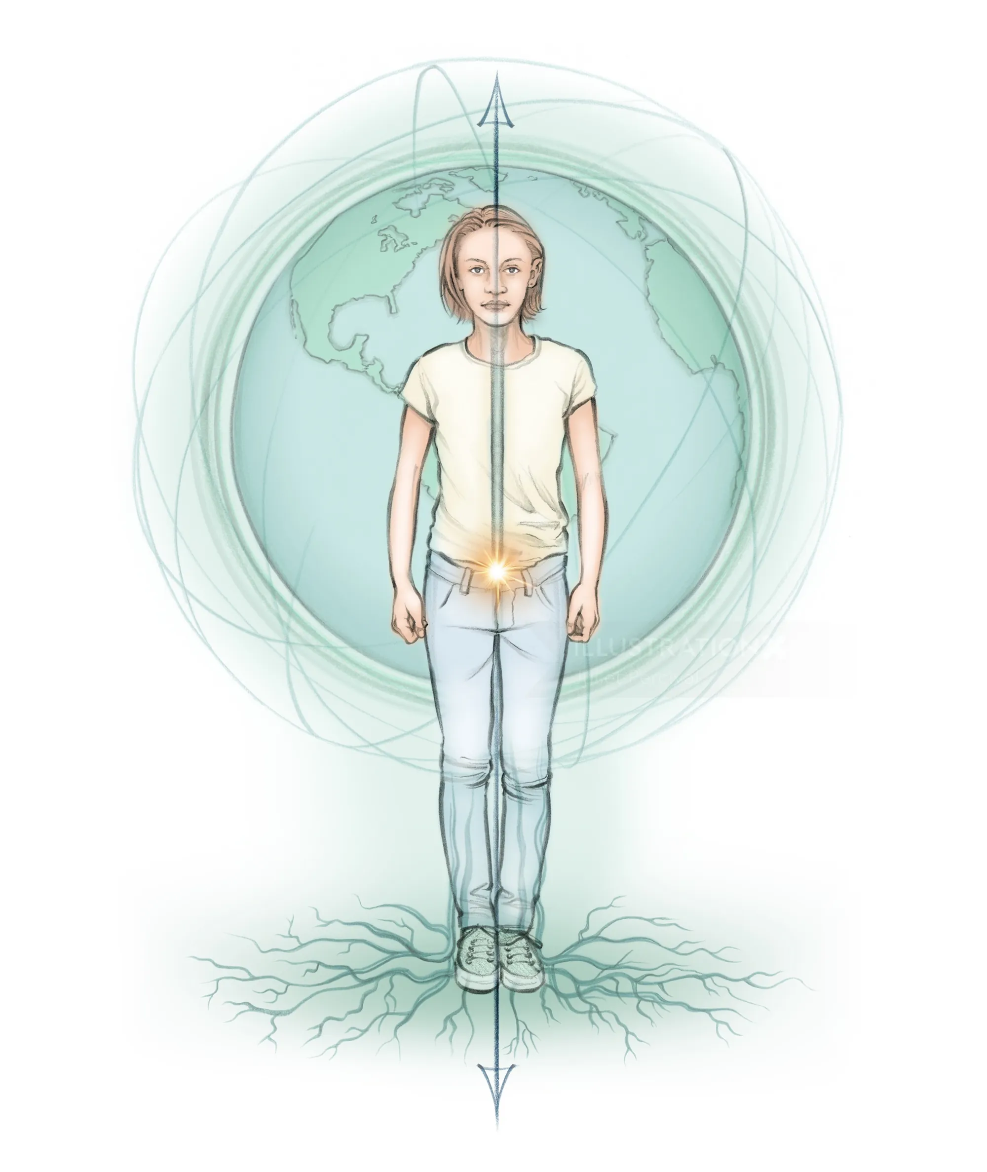 Illustration of human centre of gravity with Earth background by Juliet Percival