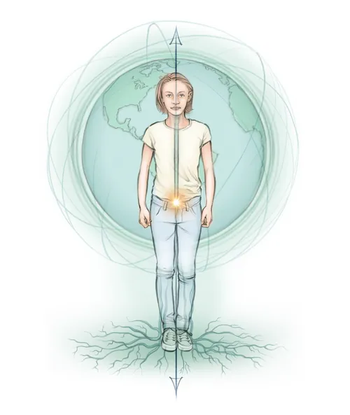 Illustration of human centre of gravity with Earth background by Juliet Percival
