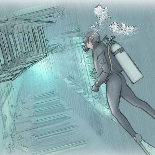 Illustration of scuba diver underwater exploring sunken staircase by Juliet Percival