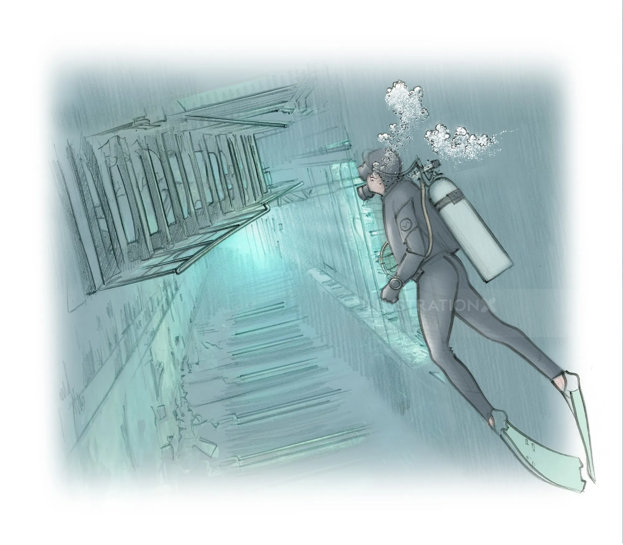 Illustration of scuba diver underwater exploring sunken staircase by Juliet Percival