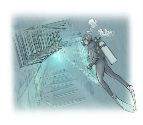 Illustration of scuba diver underwater exploring sunken staircase by Juliet Percival