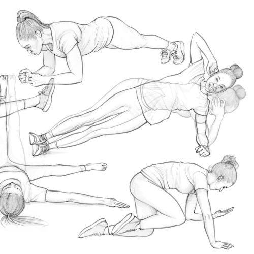 Black and white sketch of women performing various exercises by Juliet Percival