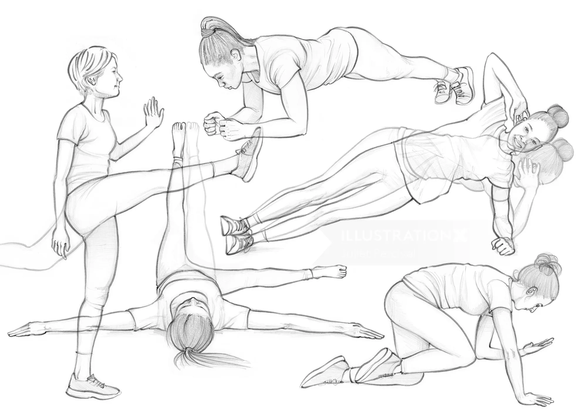 Black and white sketch of women performing various exercises by Juliet Percival