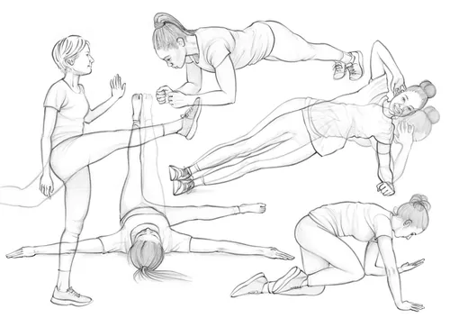 Black and white sketch of women performing various exercises by Juliet Percival
