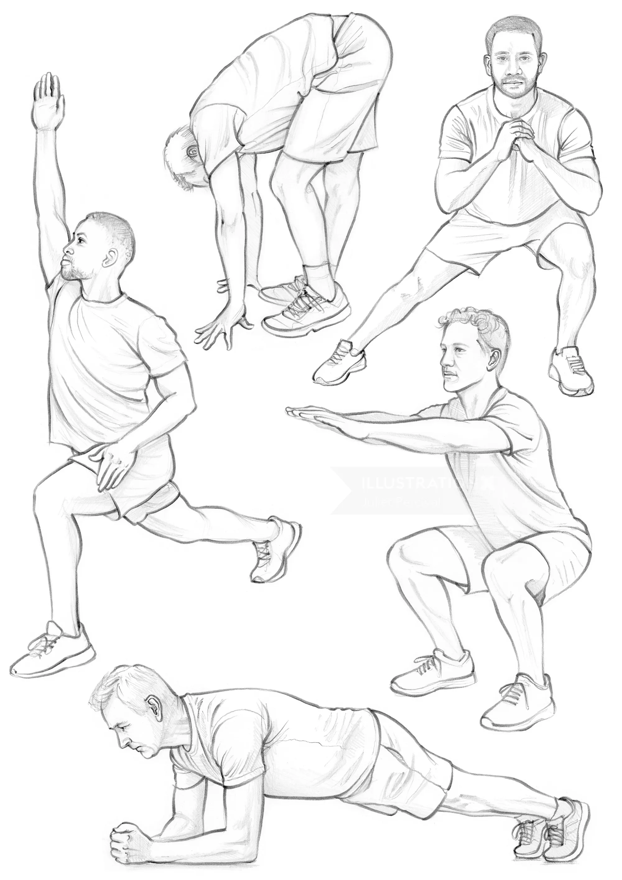 Line drawings of a man performing various exercise poses by Juliet Percival