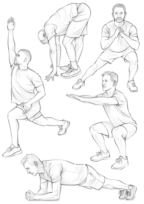Line drawings of a man performing various exercise poses by Juliet Percival
