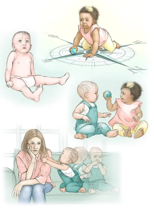 Infant behaviour illustration by Juliet Percival with babies and caregiver