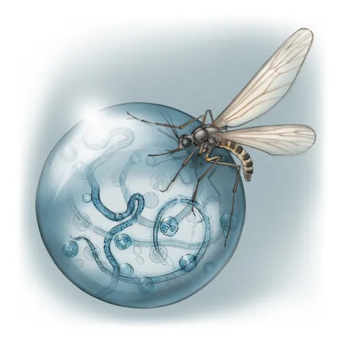 Illustration of mosquito and filarial worms inside a droplet by Juliet Percival