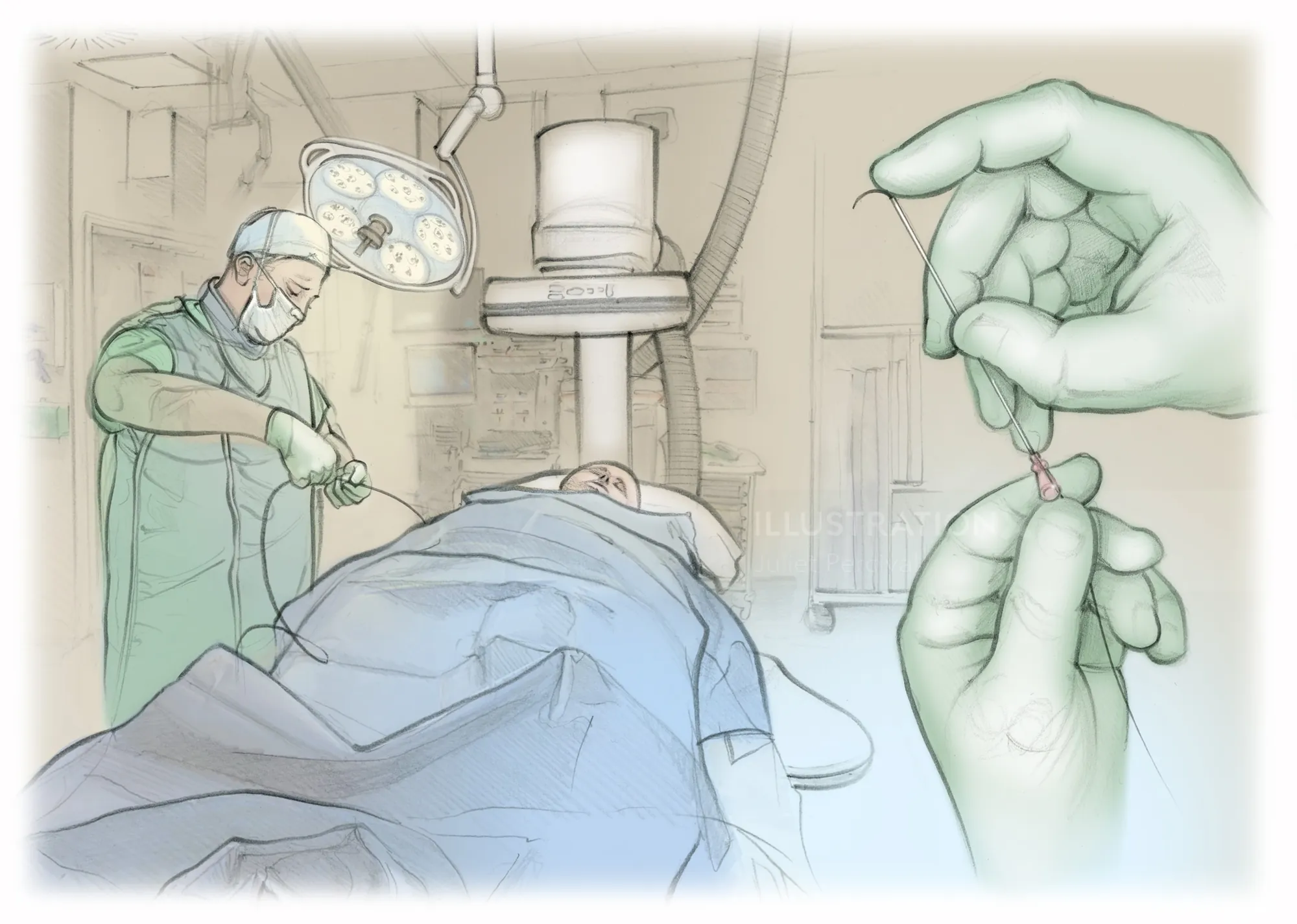Clinician manipulating guidewire tip in radiology theatre by Juliet Percival