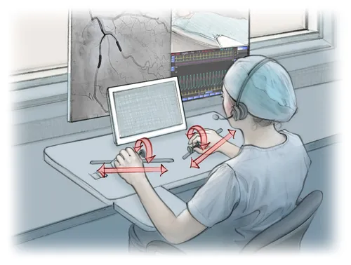 Clinician operates Machnet robot console in radiology room by Juliet Percival