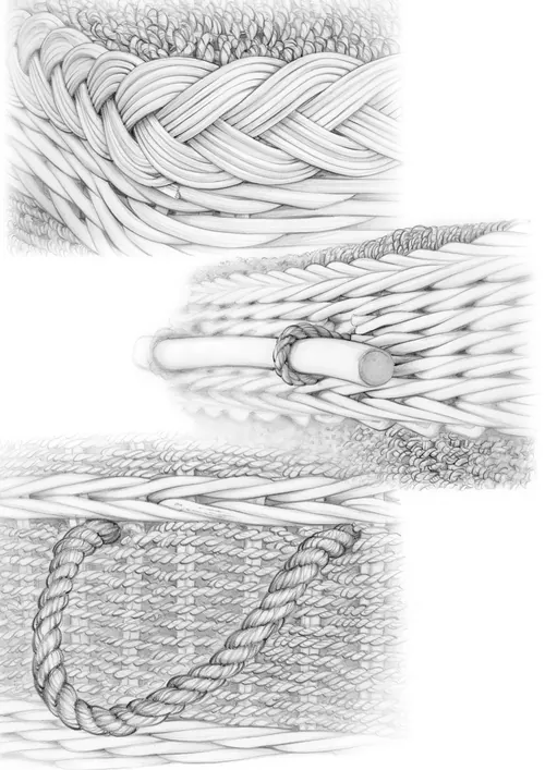Detailed pencil drawings of woven seagrass baskets by Juliet Percival